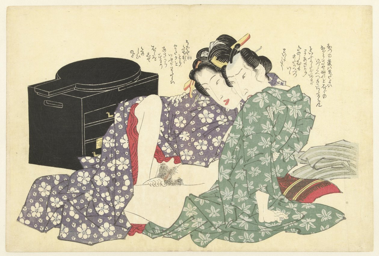 Coppia innamorata davanti a un mobile laccato da Keisai Eisen (attributed to)