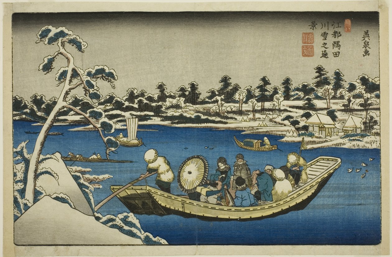 Vista Distante della Neve sul Fiume Sumida a Edo da Keisai Eisen