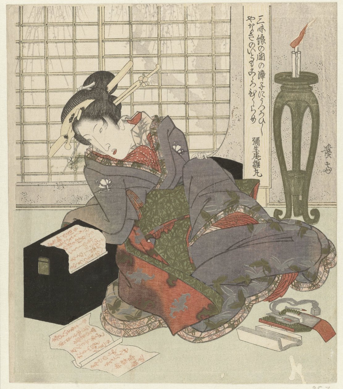 Una geisha si appoggia alla scatola del suo shamisen da Keisai Eisen