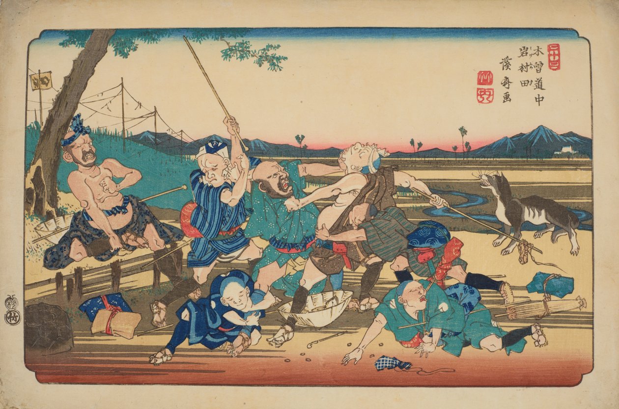 Iwamurata, la battaglia dei ciechi, tavola 23 della serie: I sessantanove tratti della strada Kisokaido / Kisokaido rokujukyu tsugi da Keisai Eisen