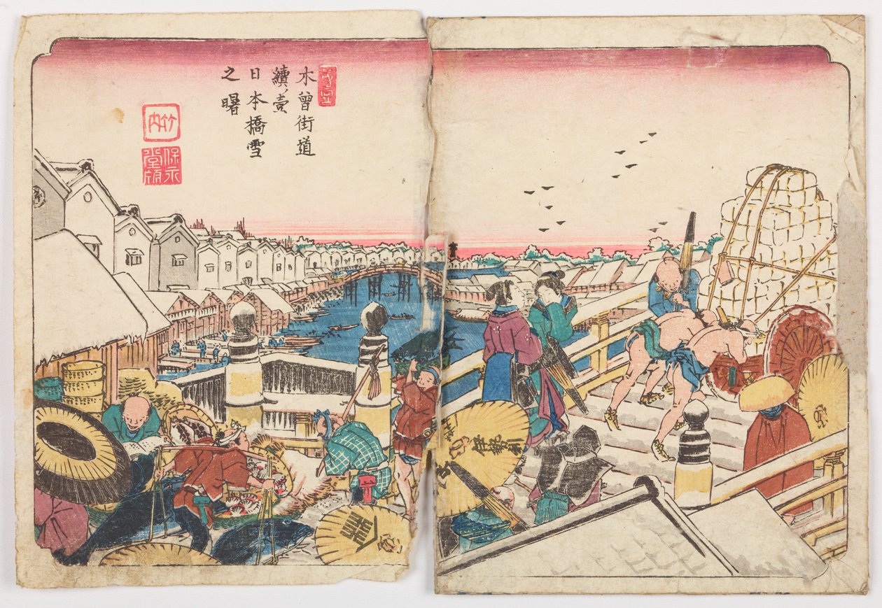 Il ponte Nihon-bashi in una mattina nevosa, tavola 1 della serie: La strada Kisokaido / Kisokaido rokujuku zugi da Keisai Eisen