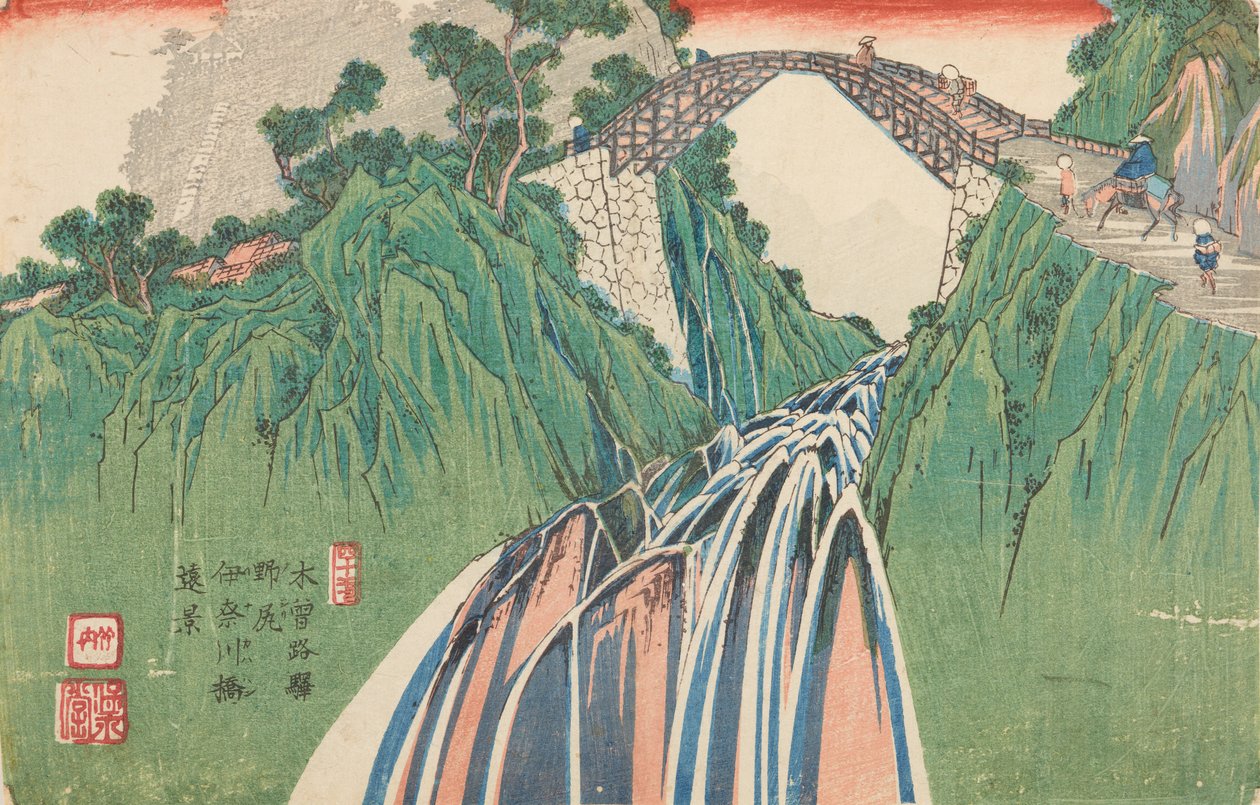 Il ponte sul fiume Inagawa a Nojiri, tavola n. 40 della serie: La strada Kisokaido / Kisoi no eki da Keisai Eisen