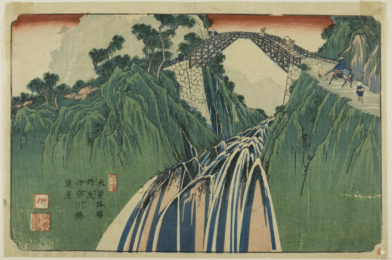 No. 41: Vista distante del ponte sul fiume Ina a Nojiri (Yonjuichi: Noriji Inagawabashi enkei), dalla serie "[Sessantanove stazioni del] Kisokaido". da Keisai Eisen