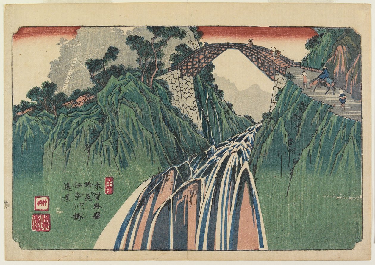No. 41, Nojiri: Vista lontana del ponte sul fiume Ina da Keisai Eisen
