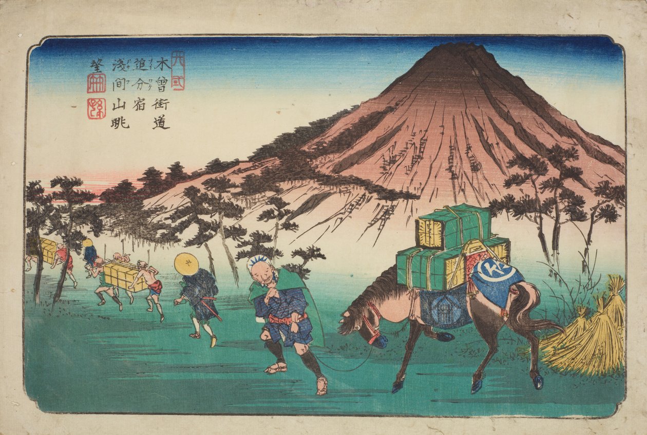 Oiwake, viaggiatori con un cavallo che passano una montagna, tavola 22 della serie: Le sessantanove stazioni della strada Kisokaido da Keisai Eisen