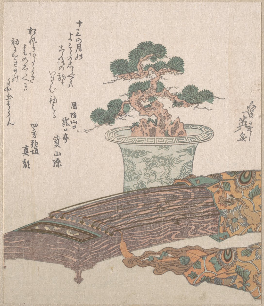 Pino in vaso e koto (arpa giapponese) da Keisai Eisen