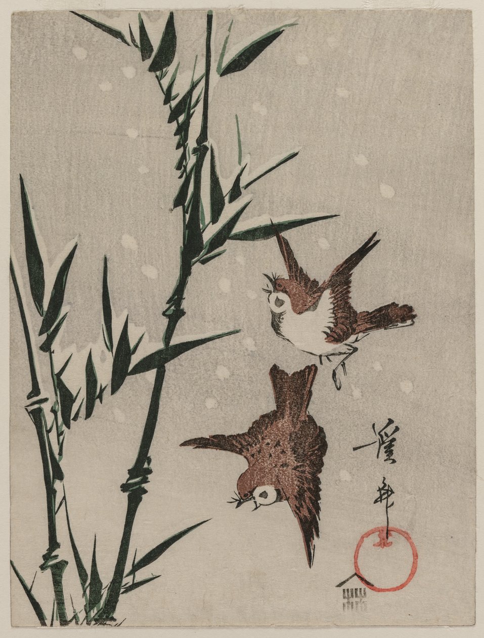 Passeri, Bambù e neve cadente, c. fine 1820s da Keisai Eisen