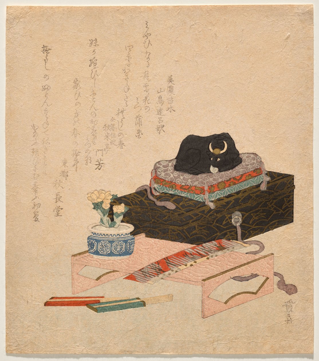 Natura morta con un bue che si gratta (Nade-ushi) in ceramica da Keisai Eisen