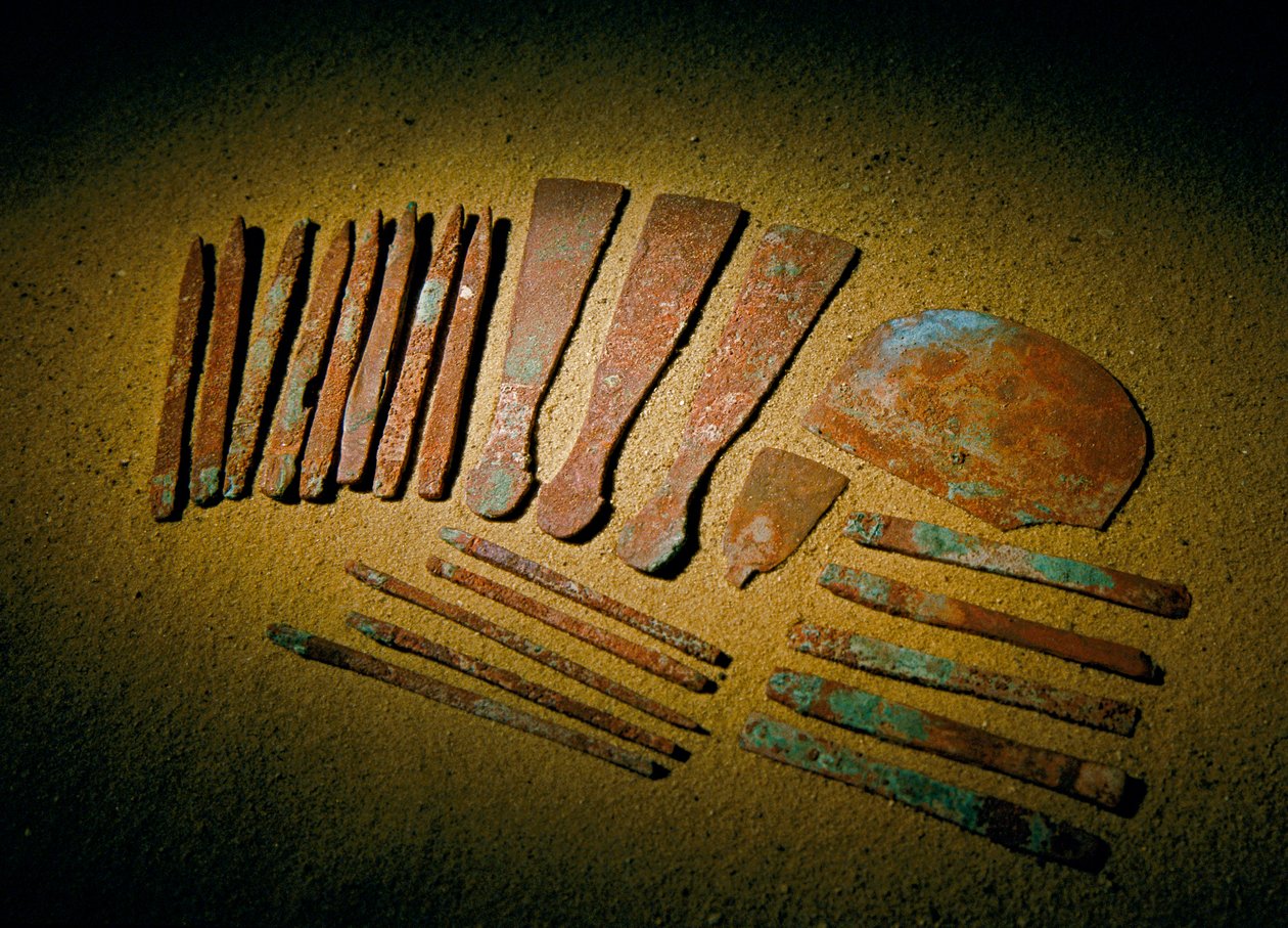 Egitto; Archeologia; Antico Regno; Saqqara, Tomba di Qar, Qar, Medico, rame, strumenti da Kenneth Garrett