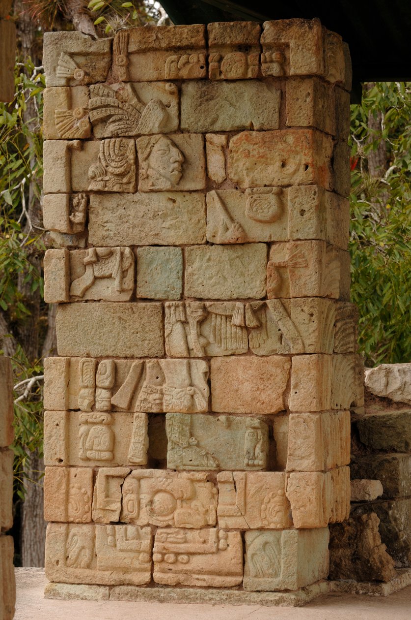 Ascesa e caduta dei Maya, Copan, Honduras, Dettagli del glifo di 18 Coniglio, Tempio 18, Maya da Kenneth Garrett