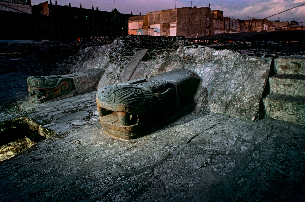 Replica di serpente sul Grande Tempio, Tenochtitlan, Templo Mayor, Azteco, Messico, Città del Messico, 2010 (foto) da Kenneth Garrett