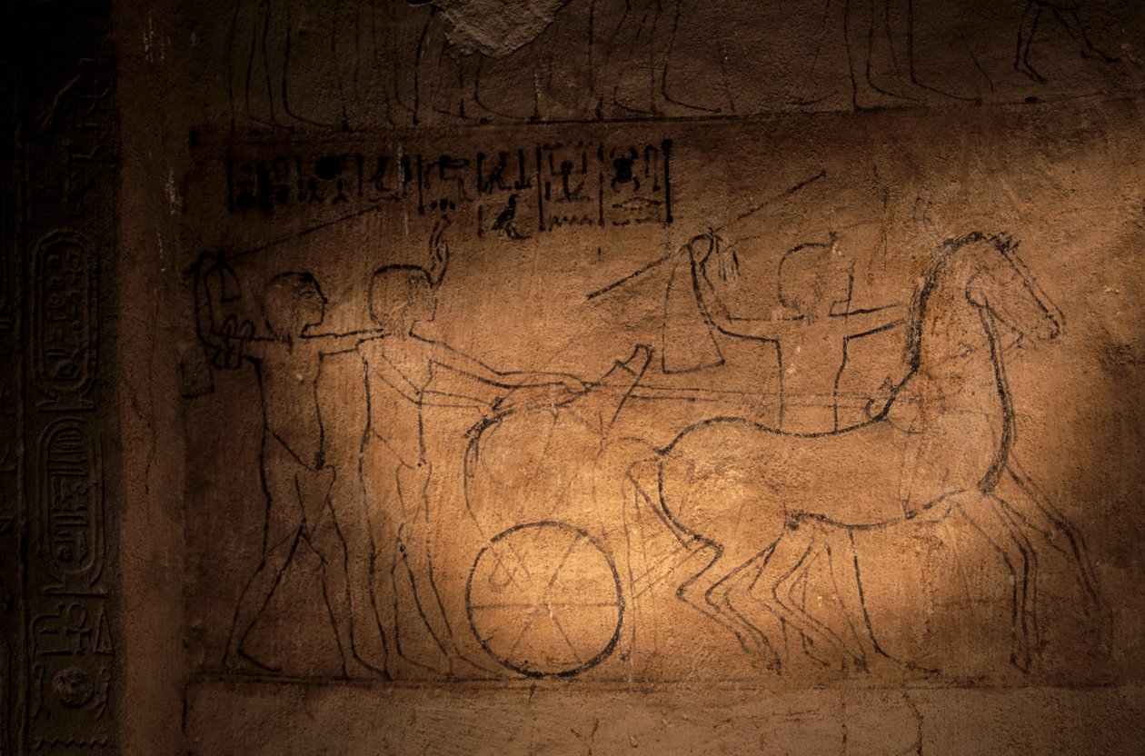 Schizzo di Akhenaton che guida un carro, tomba di Mahu, 