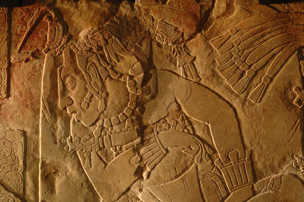 Panca del trono del Tempio 19, Palenque, Messico, incisione di Akhal Mo Nab, 2005 (foto) da Kenneth Garrett