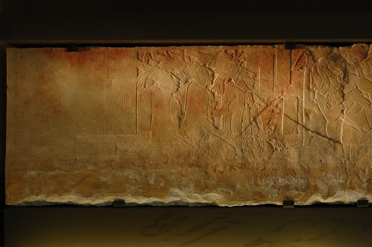 Panca del trono del Tempio 19, Palenque, Messico, incisione di Akhal Mo Nab, 2005 (foto) da Kenneth Garrett