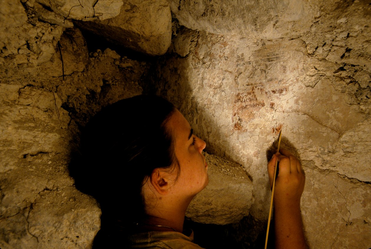 Guerriero di Teotihuacan, murale, Sufricaya, Holmul, Guatemala, Maya, Francisco Estradabelli, 2008 da Kenneth Garrett