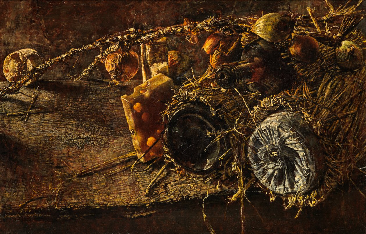 Natura morta con formaggio e bottiglie da Kenneth Newton