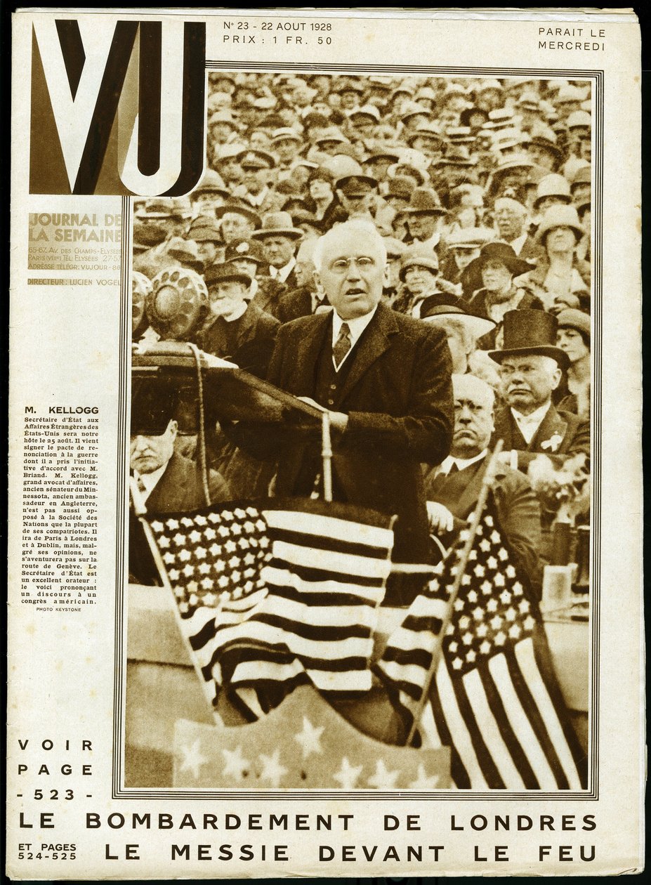Ritratto di Frank Billings Kellogg (1856-1937), politico americano, senatore del Minnesota e segretario di stato dal 1925 al 1929, e premio Nobel per la pace nel 1929, durante un discorso a un congresso americano. Fotografia di Keystone, per la copertina d da Keystone View Company