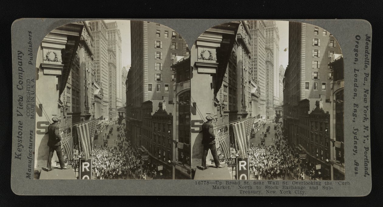 Su Broad St. vicino a Wall St., con vista sul "Curb Market", a nord verso la Borsa e la Tesoreria, New York City da Keystone View Company