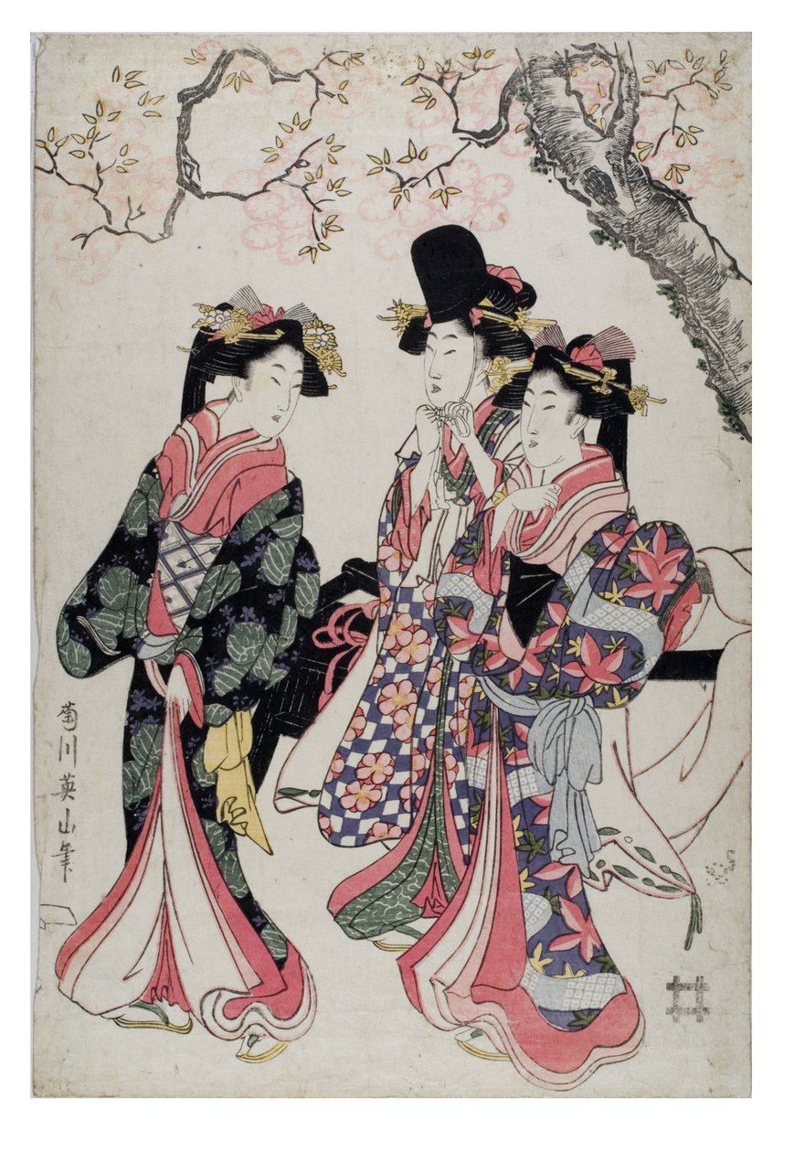 Tre cortigiane passeggiano sotto un ciliegio in fiore. Vestite in costume di corte, 1790-1815 circa (stampa xilografica su carta) da Kikugawa Eizen