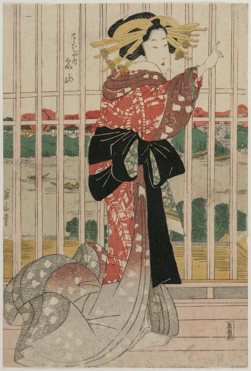 La cortigiana Meizan del Chojiya su un balcone che si affaccia sul fiume Sumida da Kikukawa Eizan