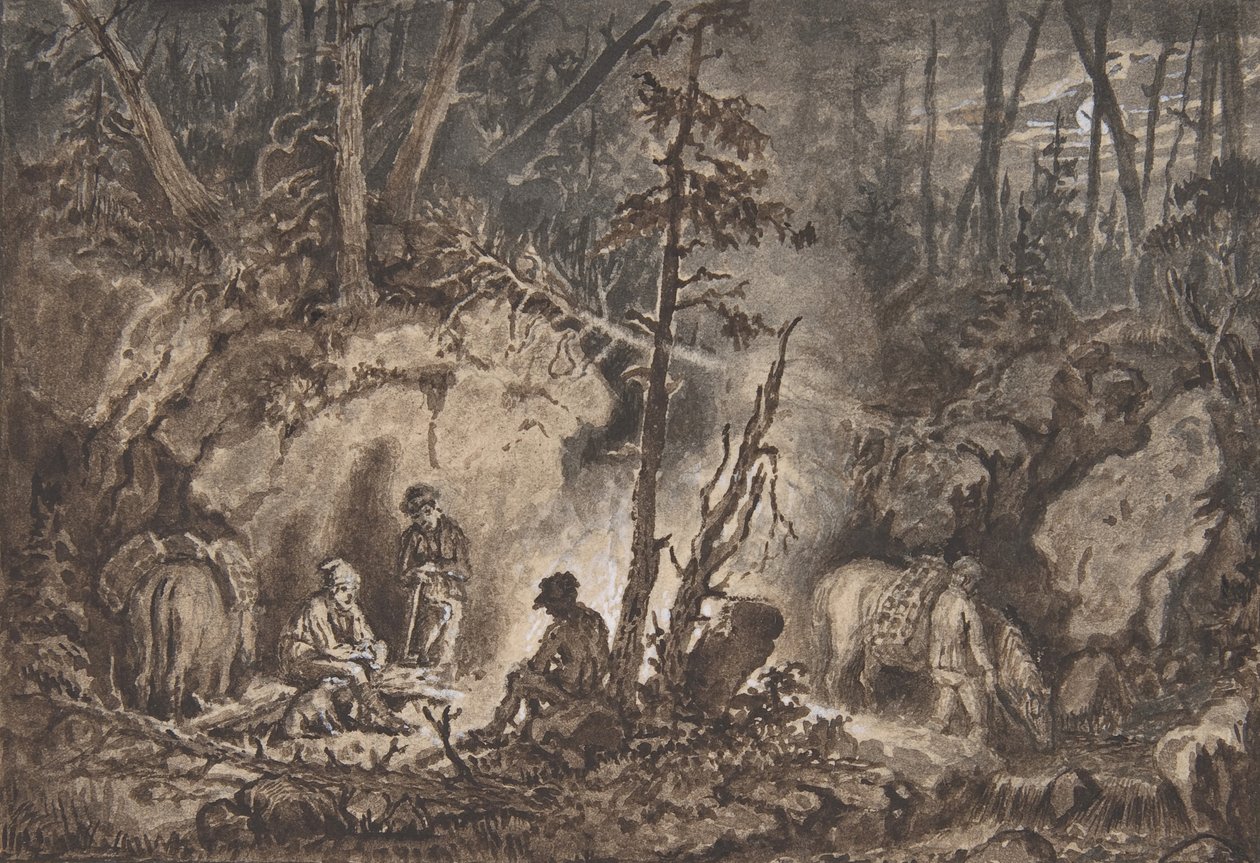 Cacciatori che riposano in una foresta di notte, 1830-60 da Kilian Christoffer Zoll