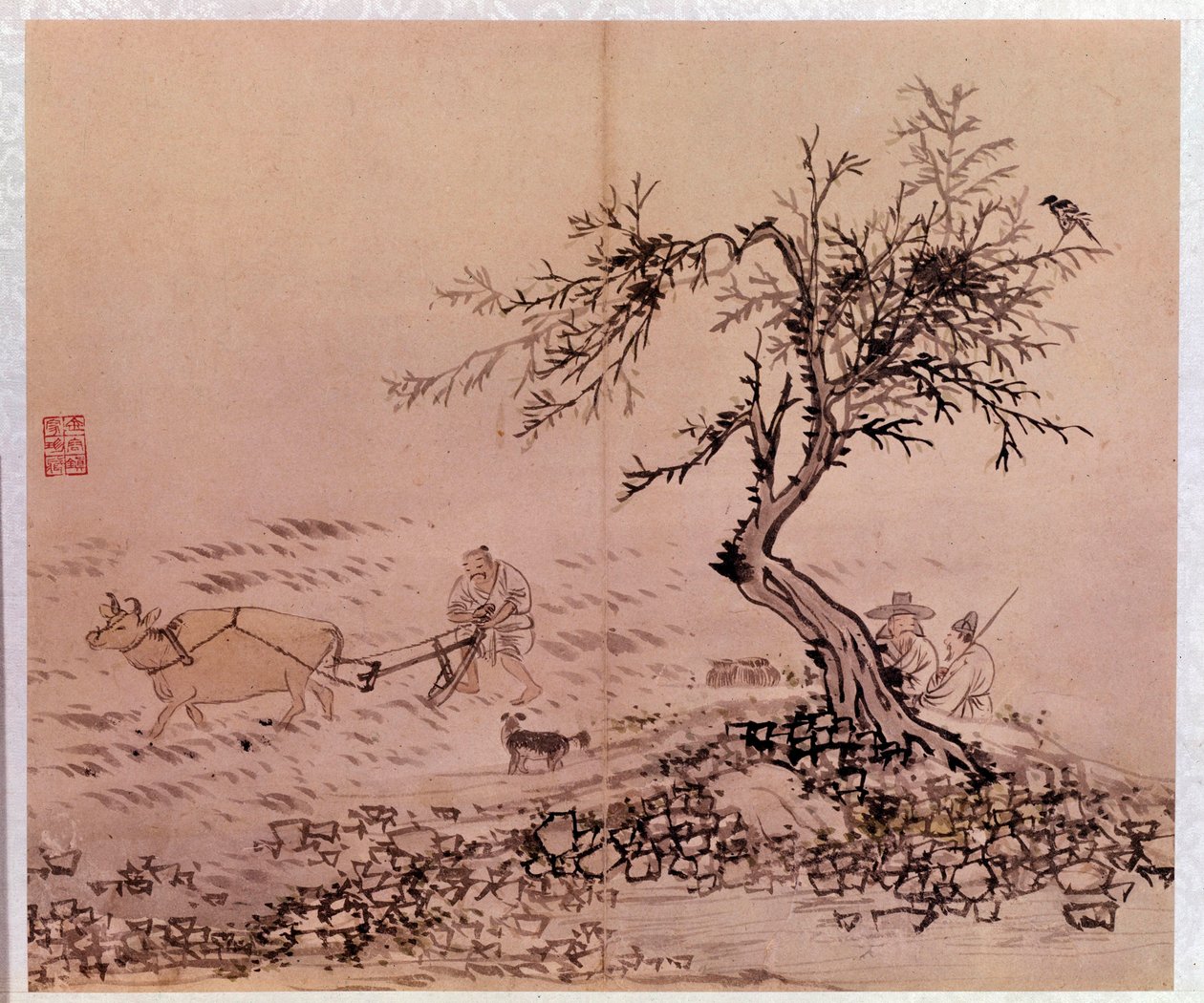 Arte coreana: scena di aratura. Stampe di Kim Hong-do (Kim Hong Do) o Danwon (1745-ca. 1806) da Kim Hong Do