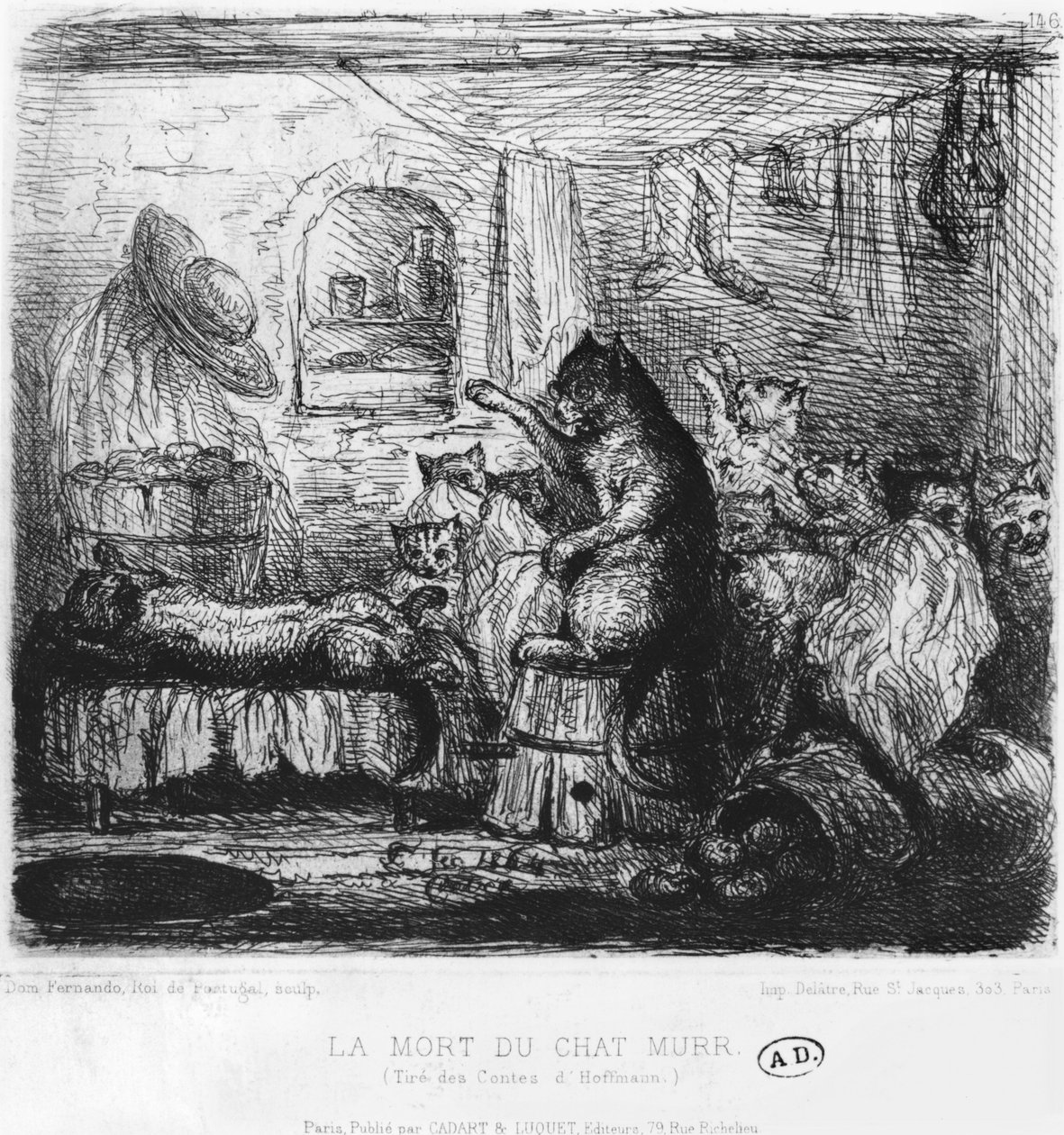 Morte del gatto Murr, illustrazione da Die Lebensansichten des Katers Murr di Ernst Theodor Amadeus Hoffmann (1776-1822) pubblicato 1820-22 da King of Portugal Fernando II