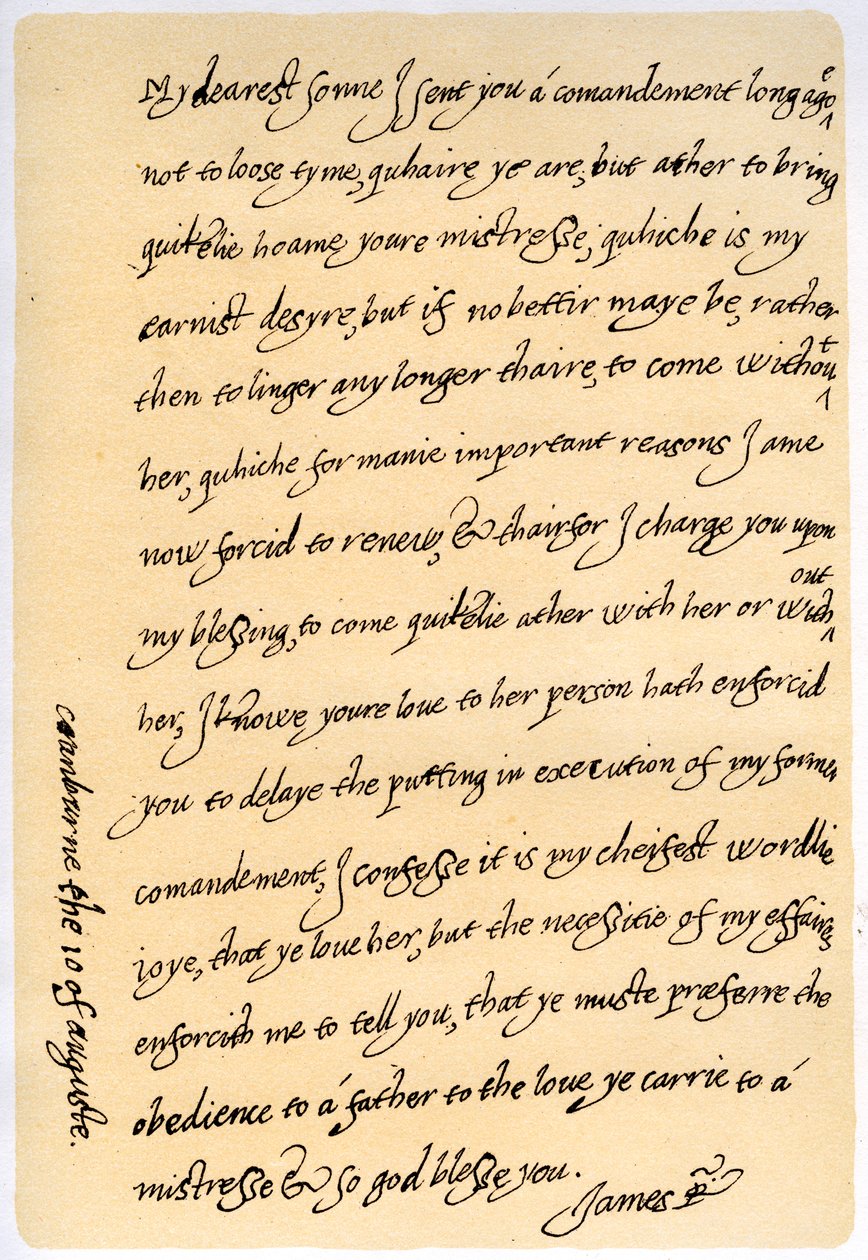 Lettera di Giacomo I a suo figlio, Carlo, Principe di Galles, 10 agosto 1623 da King James I