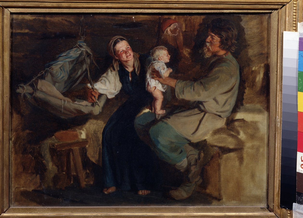 Gioia parentale. In un interno modesto, un contadino seduto tiene il suo bambino mezzo nudo in equilibrio sulle ginocchia, accanto a loro la madre sorride e tiene la culla sospesa da Kirill Vikentievich Lemoch