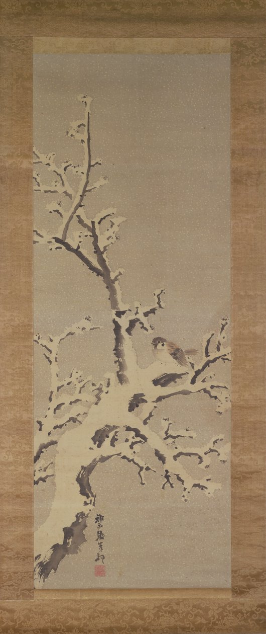 Passero su un albero in una tempesta di neve, c.1800 da Kishi Ganku