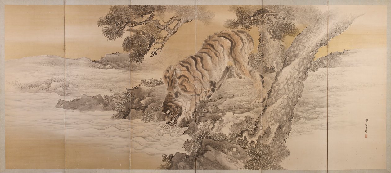 Schermo a sei pieghe che raffigura una tigre che beve da Kishi Ganku