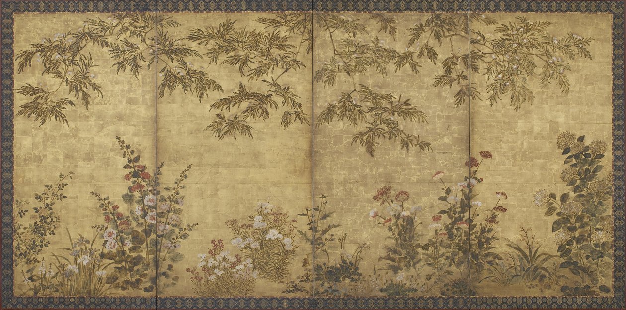 Albero di mimosa, papaveri, malvarosa e altri fiori, periodo Edo, 1630-70 da Kitagawa Sosetsu