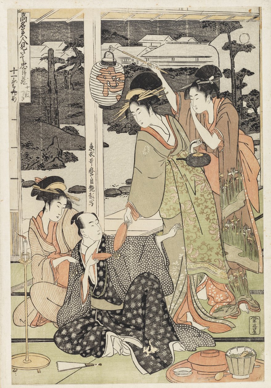 P.359-1945 Scena 12, Confronto di bellezze celebri e la lega leale, c.1797 (stampa a blocchi di legno a colori) da Kitagawa Utamaro
