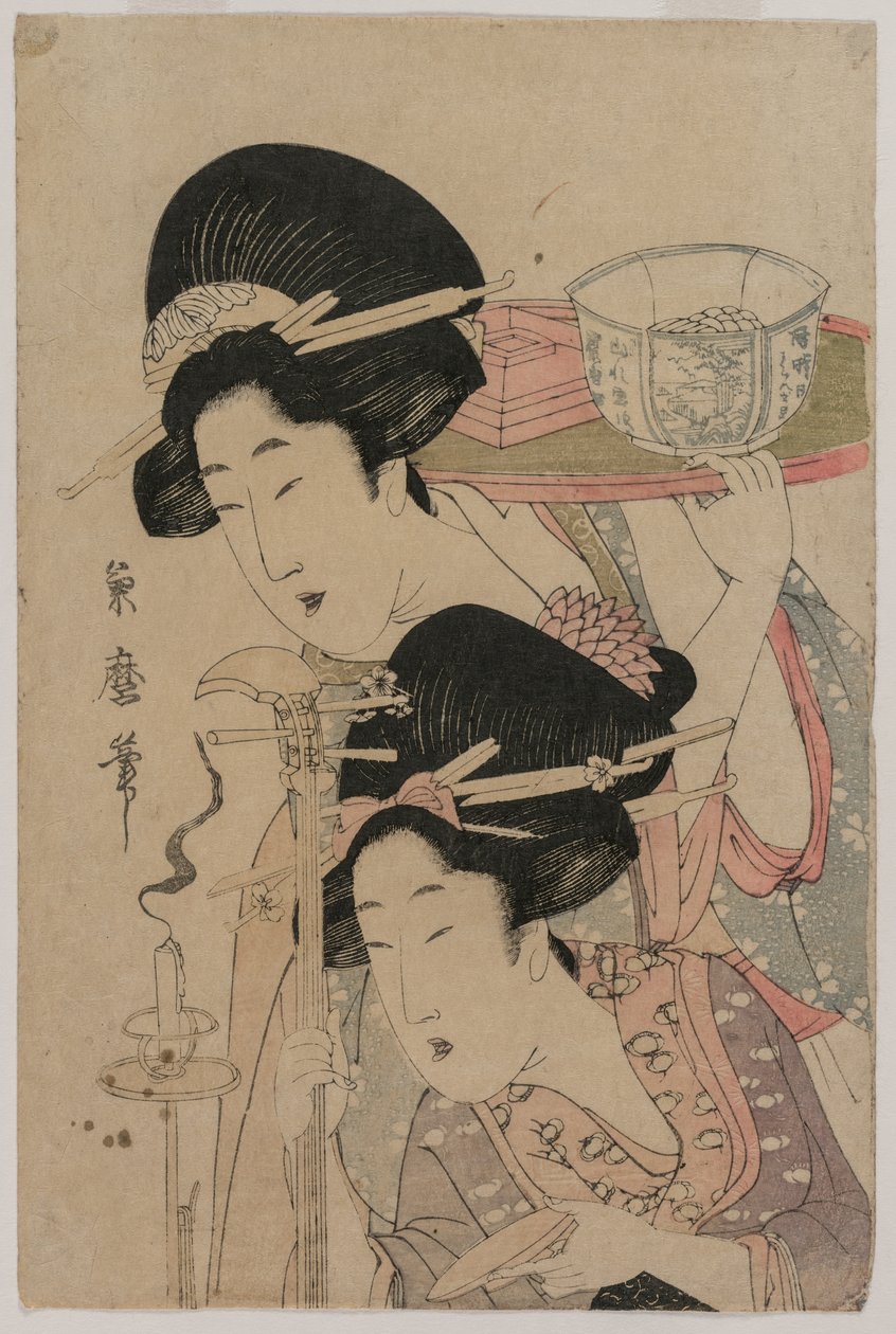 Due geishe accanto a una candela, metà 1800 da Kitagawa Kikumaro