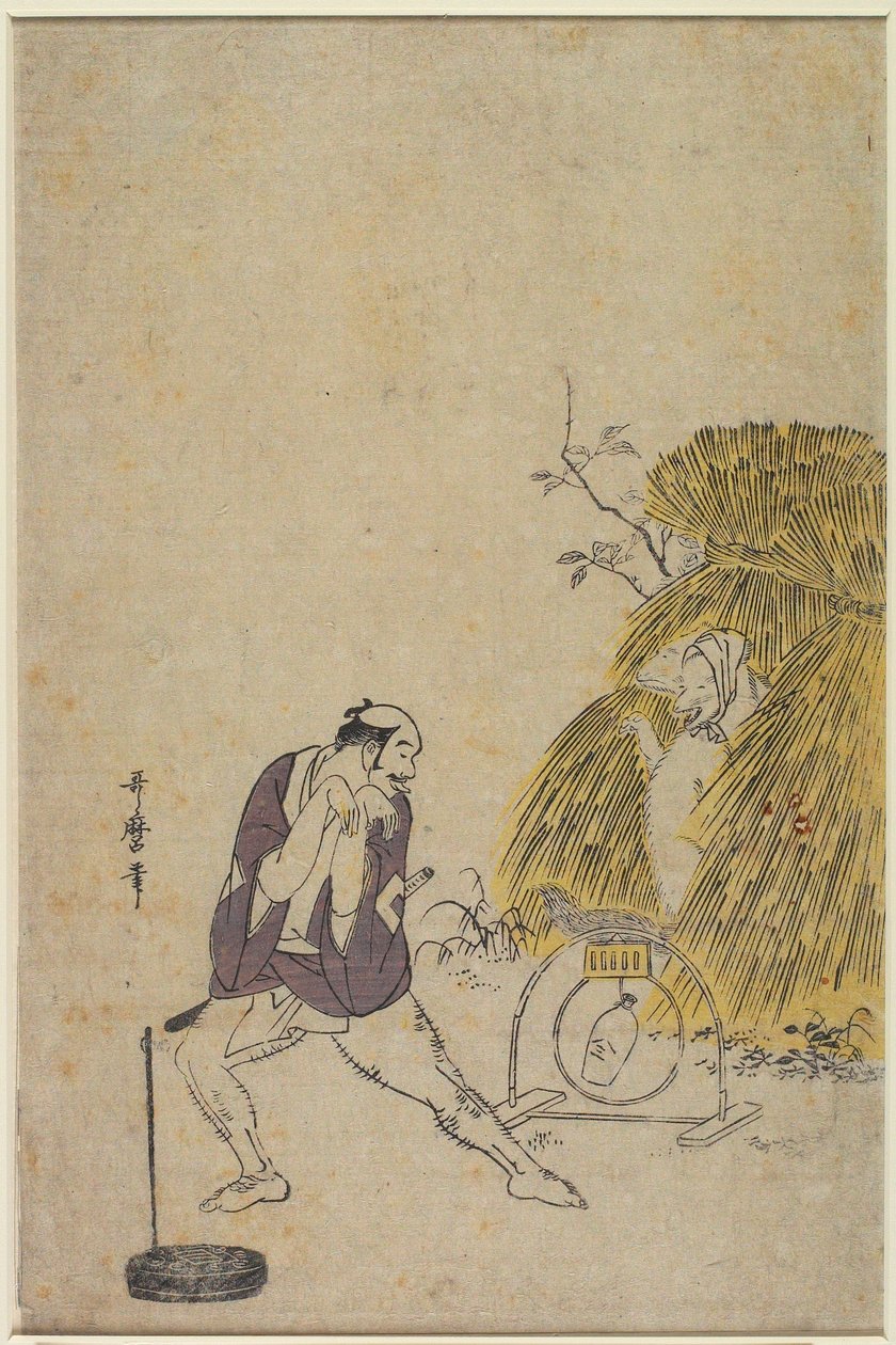 Un valletto (Yakko) che deride una trappola per una volpe da Kitagawa Utamaro