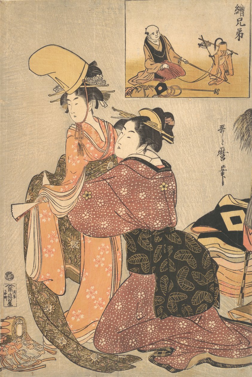 Una donna che veste una ragazza per la danza Kabuki “Musume Dojoji..., ca. 1795-96 da Kitagawa Utamaro