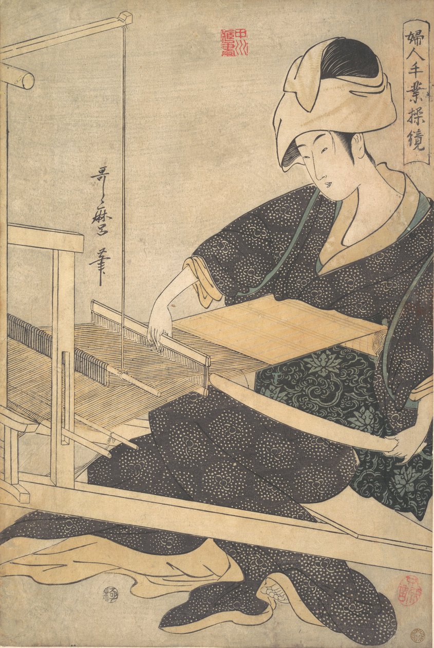 Donna che tesse, seduta a un telaio a mano, ca. 1796 da Kitagawa Utamaro