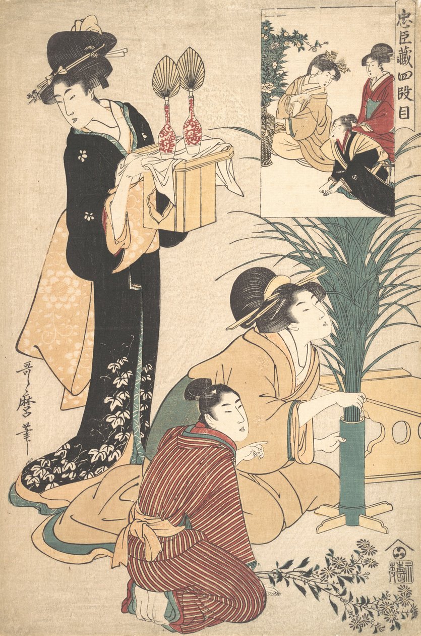 Una donna e un uomo che sistemano fiori per il festival della luna Tsukimi da Kitagawa Utamaro