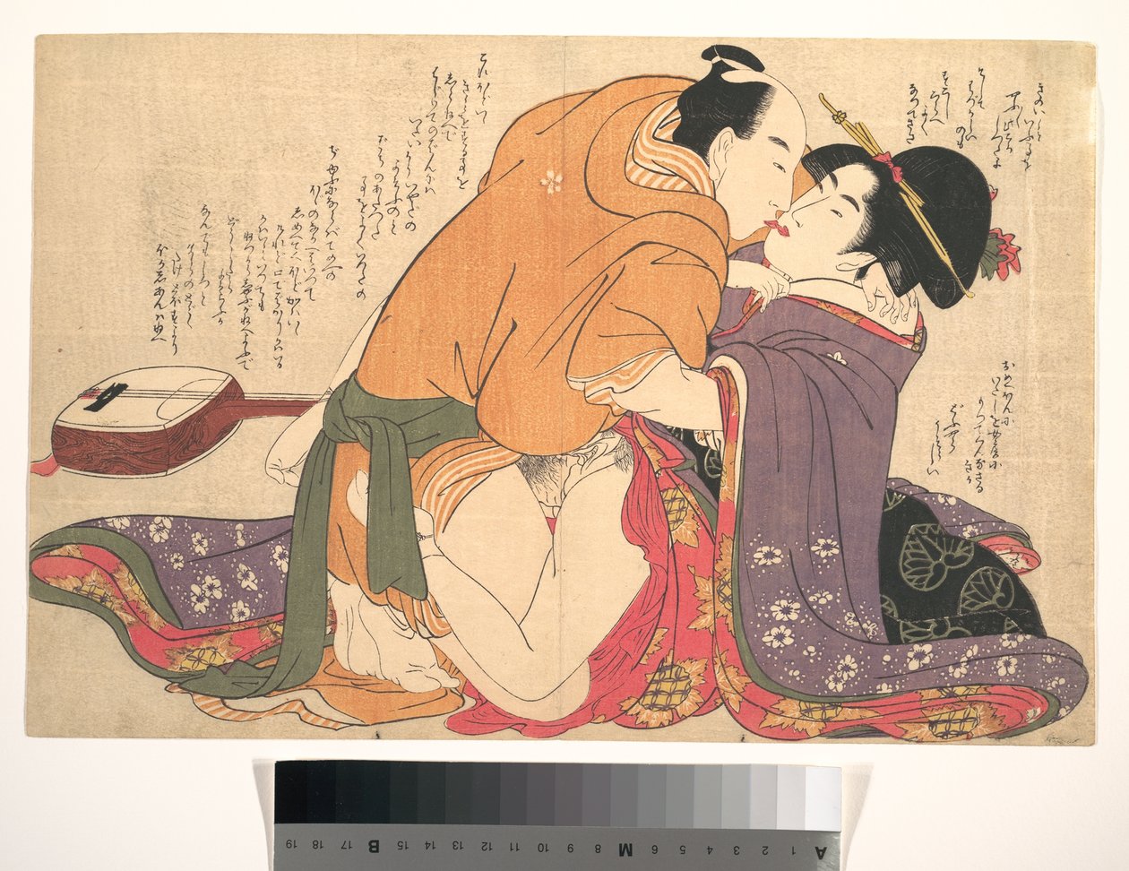 Una coppia che fa l’amore accanto a uno shamisen, un’illustrazione tratta da *Svelare i fili del desiderio* (Negai no ito-guchi) da Kitagawa Utamaro