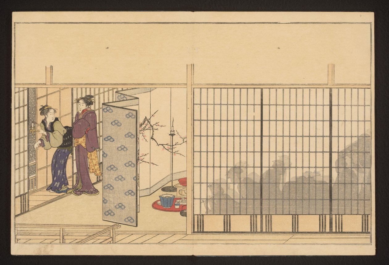 Una festa in una casa con due donne a sinistra da Kitagawa Utamaro