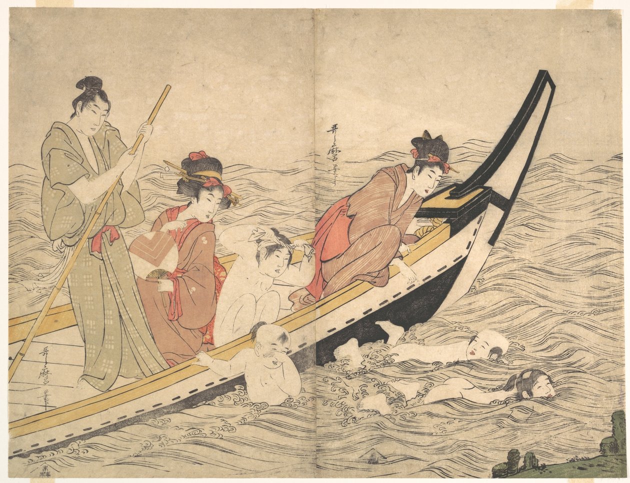 Gita in barca con bambini che nuotano da Kitagawa Utamaro