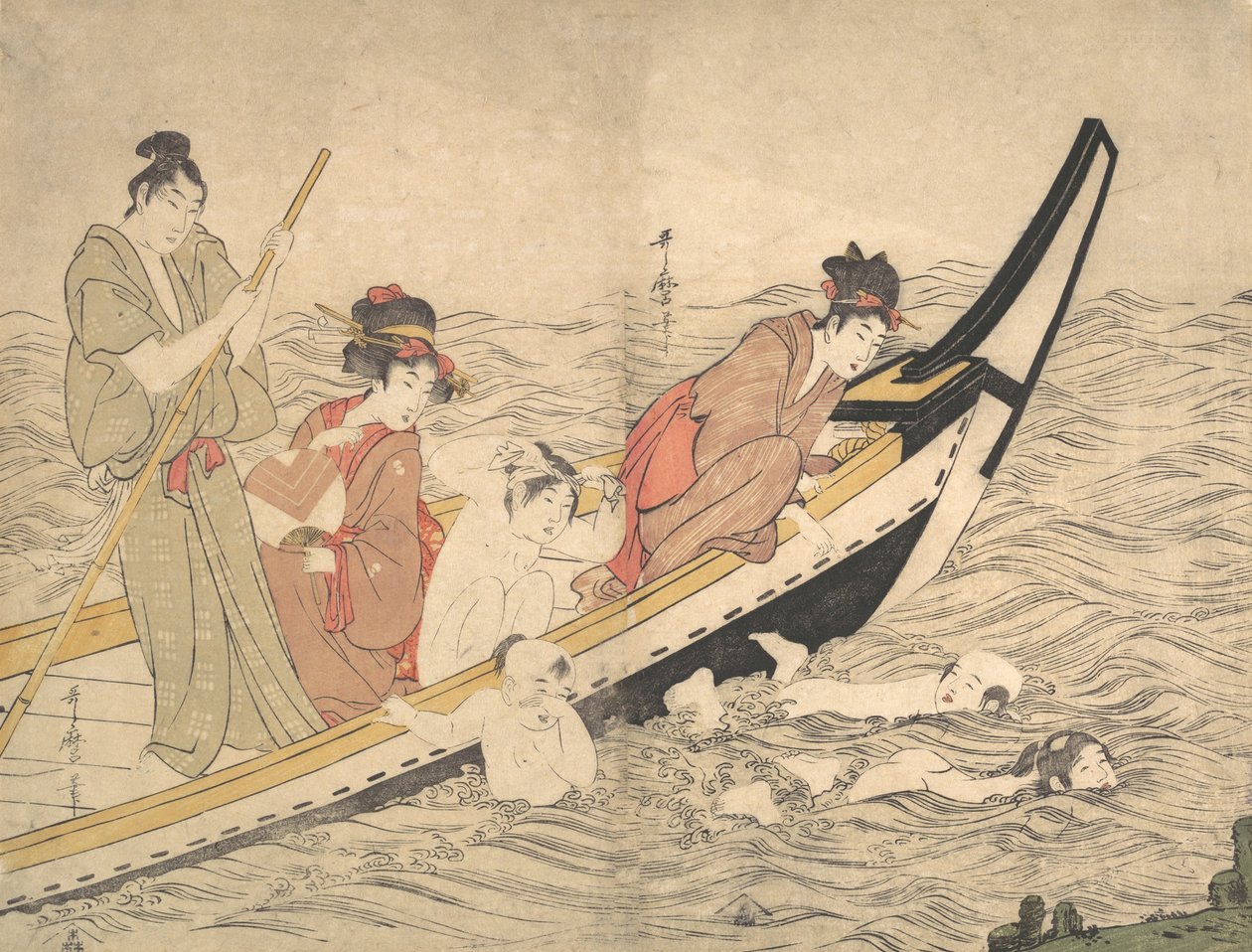 Gita in barca con bambini che nuotano da Kitagawa Utamaro