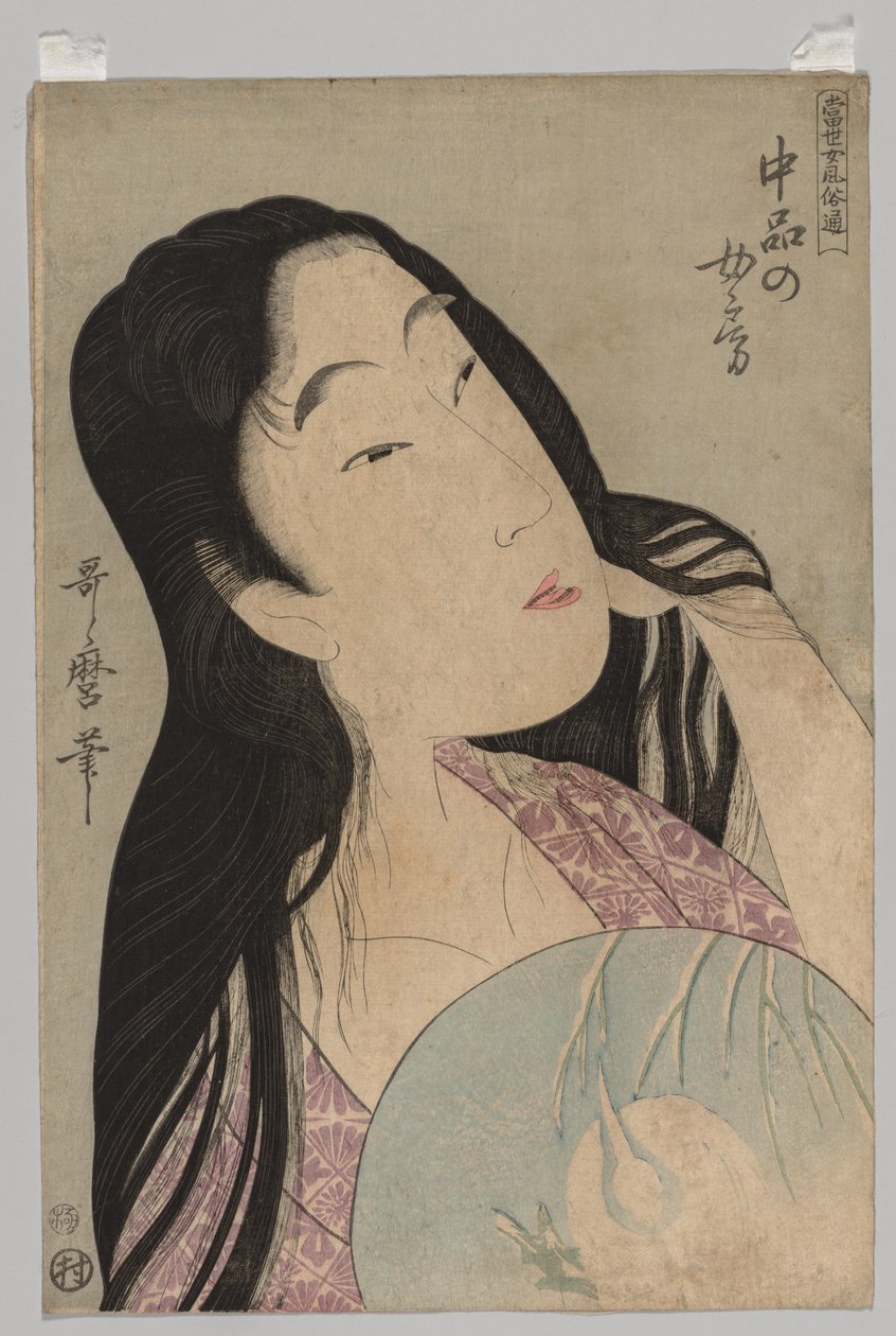 Busto di donna con capelli sciolti che tiene un ventaglio, 1753-1806 da Kitagawa Utamaro
