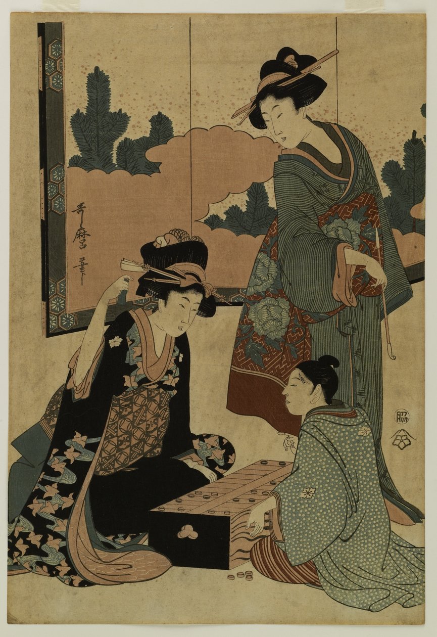 Cortigiane che giocano a un gioco da tavolo da Kitagawa Utamaro
