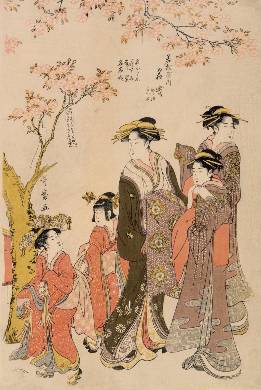 Cortigiane che passeggiano sotto i ciliegi, c.1789 (stampa xilografica) (dettaglio) da Kitagawa Utamaro
