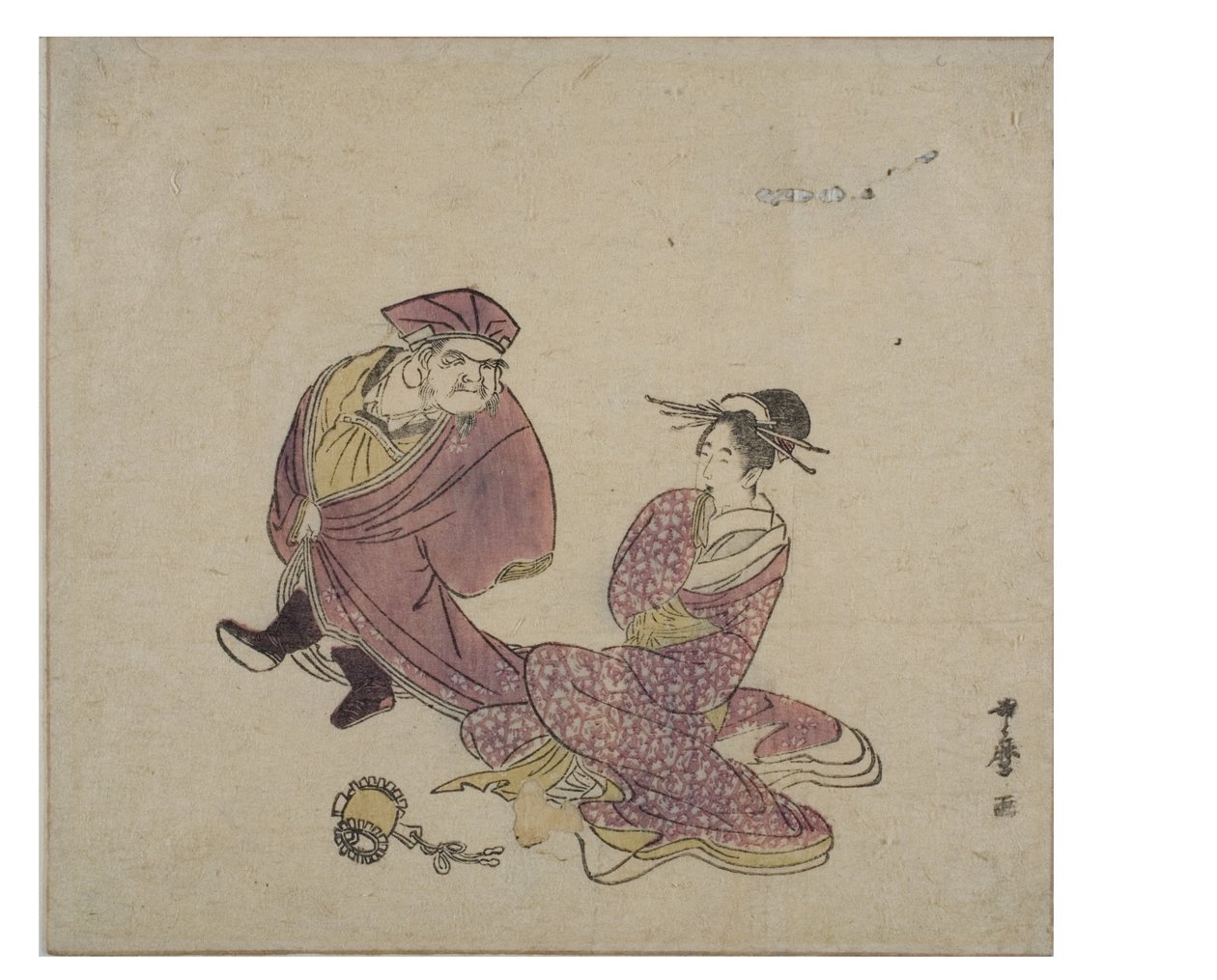 Daikoku (in piedi) in conversazione con una signora seduta da Kitagawa Utamaro