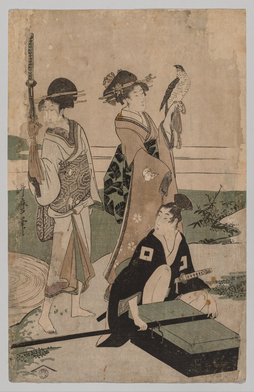 Daimyō e il suo seguito che attraversano un ruscello in una pianura vicino a Fuji da Kitagawa Utamaro