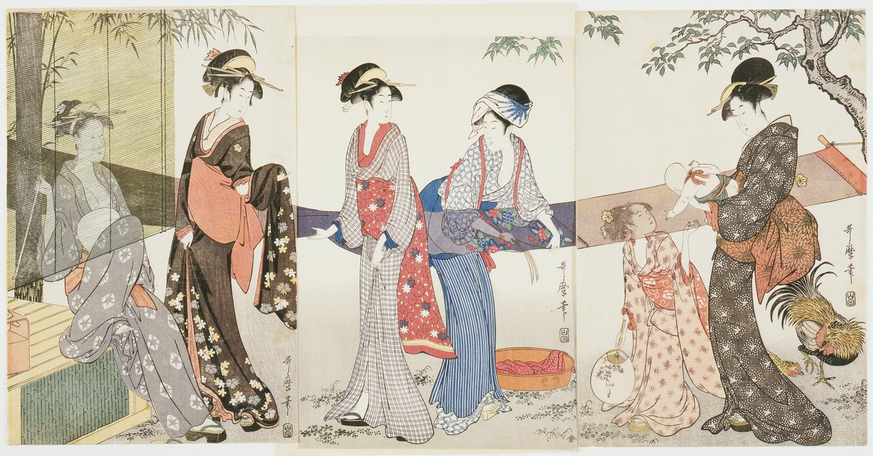 Asciugatura e stiramento del tessuto da Kitagawa Utamaro