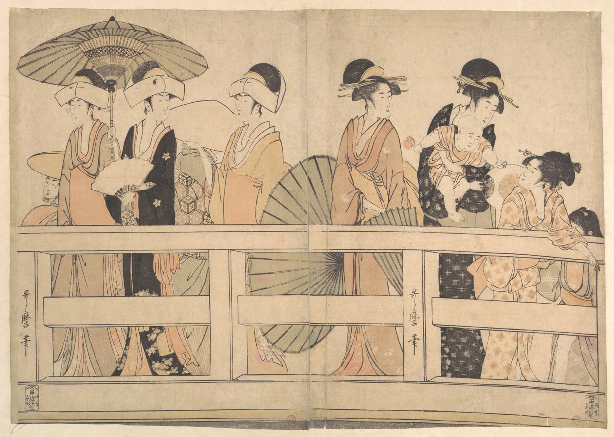 Godersi la fresca brezza serale sul ponte e sotto di esso da Kitagawa Utamaro