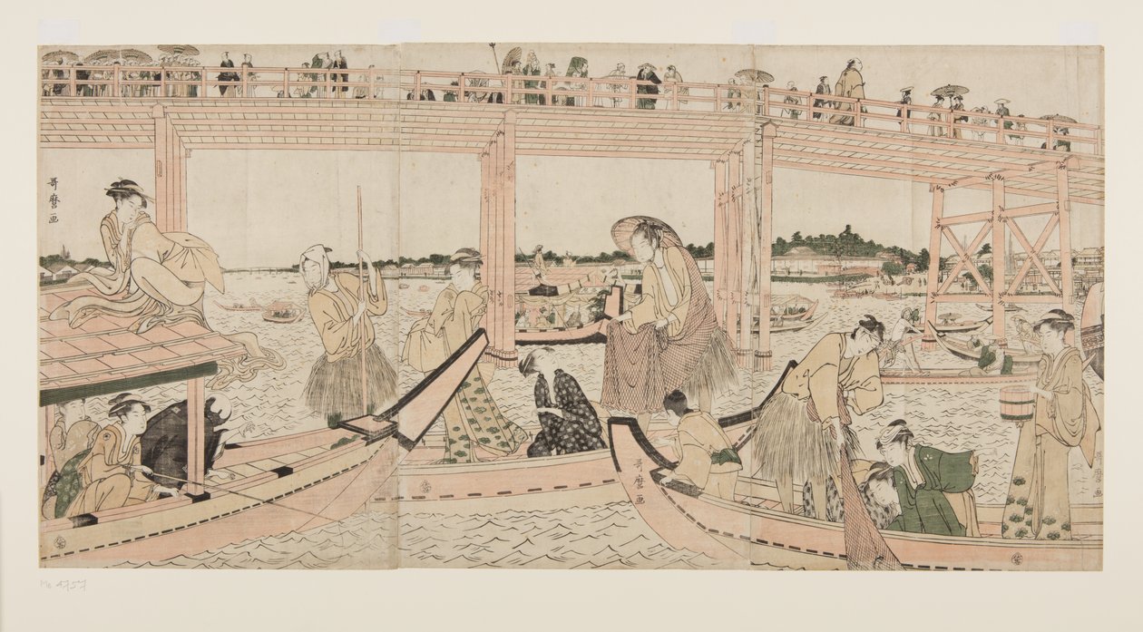 Barche da pesca con reti sotto il ponte Ryogoku da Kitagawa Utamaro